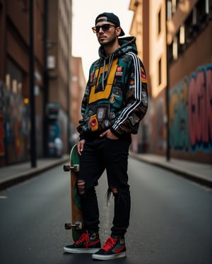 A cool guy in his mid-20s, standing confidently in an urban setting, wearing trendy streetwear. He’s dressed in a sleek, oversized graphic hoodie with bold prints, paired with ripped black jeans and high-top sneakers that pop with color. He’s accessorized with a chain necklace, a snapback hat worn backward, and retro-style sunglasses. His posture is casual but confident, with one hand in his pocket and the other holding a skateboard by his side. The background features a gritty cityscape with graffiti-covered walls, giving the scene an edgy, street-culture vibe. Soft golden-hour light casts dramatic shadows, enhancing the cool and relaxed atmosphere of the image