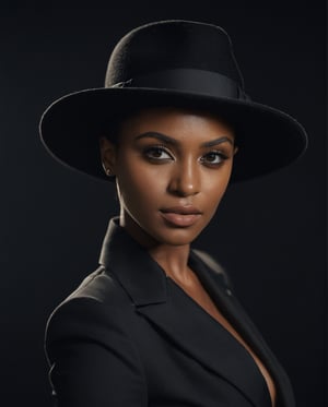 A medium shot of a realistic real life appearance of a beautiful 26 year old girl, dark skintone, realistic eyes, realistic eye balls, realistic face, beautiful face, make up on, wearing black blazer, topless and black hat, black background looking at the camera, superb cinematic color grading,sharp focus, award-winning photograph, headshot portrait, beautiful features, cinematic shot, dynamic lighting, 100mm, Technicolor, Panavision, cinemascope, sharp focus, fine details, 8k, HDR, realism, realistic, key visual, film still, depth of field, aesthetic portrait,more saturation 