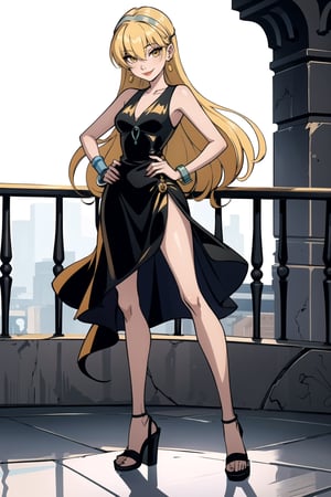 1girl, solo, long hair, smile, blonde hair, dress, jewelry, yellow eyes, standing, full body, earrings, hair over one eye, black dress, high heels, bracelet, hand on hip, short dress, sandals, stairs, railing