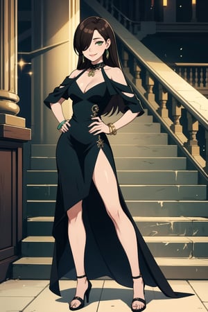 1girl, solo, long hair, smile, brown hair, dress, jewelry, green eyes, standing, full body, earrings, hair over one eye, black dress, high heels, bracelet, hand on hip, short dress, sandals, stairs, railing