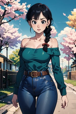 1girl, solo, looking at viewer, bangs, black eyes, shirt, ribbon, holding, bare shoulders, jewelry, standing, collarbone, hair ribbon, braid, cowboy shot, earrings, outdoors, black hair, day, belt, pants, off shoulder, tree, petals, phone, , denim, blue ribbon, cherry blossoms, jeans, green shirt, off-shoulder shirt, blue pants, road,detailed,Tight thighs,busty,