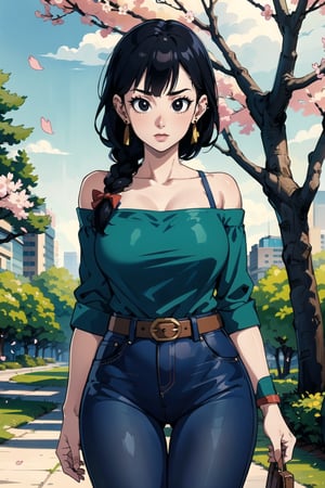 1girl, solo, looking at viewer, bangs, black eyes, shirt, ribbon, holding, bare shoulders, jewelry, standing, collarbone, hair ribbon, braid, cowboy shot, earrings, outdoors, black hair, day, belt, pants, off shoulder, tree, petals, phone, , denim, blue ribbon, cherry blossoms, jeans, green shirt, off-shoulder shirt, blue pants, road,detailed,Tight thighs,busty,