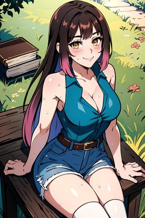 1girl, solo, breasts, looking at viewer, blush, smile, long hair,pink highlights, bangs, yellow eyes, large breasts, brown hair, shirt, thighhighs, cleavage, bare shoulders, sitting, closed mouth, collarbone, sweat, outdoors, shorts, sleeveless, day, collared shirt, belt, white thighhighs, book, short shorts, sleeveless shirt, hair intakes, grass, denim, blue shorts, denim shorts, green shirt