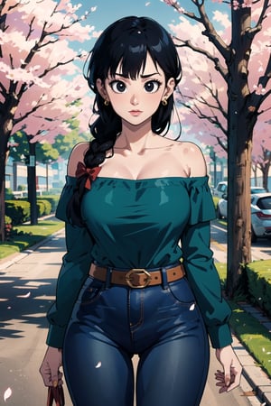 1girl, solo, looking at viewer, bangs, black eyes, shirt, ribbon, holding, bare shoulders, jewelry, standing, collarbone, hair ribbon, braid, cowboy shot, earrings, outdoors, black hair, day, belt, pants, off shoulder, tree, petals, phone, , denim, blue ribbon, cherry blossoms, jeans, green shirt, off-shoulder shirt, blue pants, road,detailed,Tight thighs,busty,