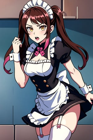 1girl, solo, long hair, open mouth, yellow eyes, Brown hair, thighhighs, twintails, alternate costume, apron, white thighhighs, zettai ryouiki, wrist cuffs, maid, maid headdress, garter straps, enmaided, pink higligths,