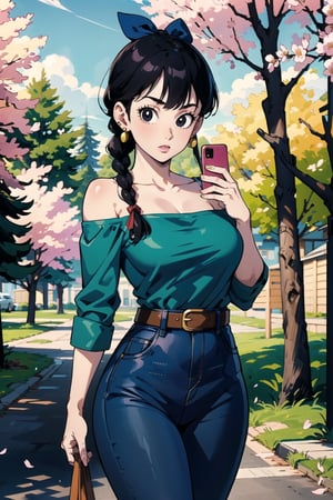 1girl, solo, looking at viewer, bangs, black eyes, shirt, ribbon, holding, bare shoulders, jewelry, standing, collarbone, hair ribbon, braid, cowboy shot, earrings, outdoors, black hair, day, belt, pants, off shoulder, tree, petals, phone, , denim, blue ribbon, cherry blossoms, jeans, green shirt, off-shoulder shirt, blue pants, road,detailed,Tight thighs,busty,