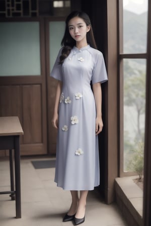  (masterpiece,high quality:1.6), (high detailed skin,ultra realistic, 32k, RAW photo,dslr),(film grain:1.2), full body picture, 15 years old Hong Kong student girl, skinny and short, regular breast size, in a short sleeves blue cheongsam, in a classroom,Detailedface, looking at viewers,1girl,hk_girl,hk,standing on a table,aodai