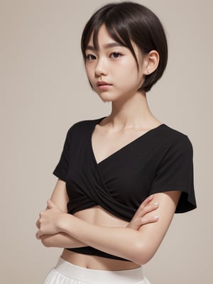 A full body portrait of a japanaese girl,(masterpiece, 8k, photorealistic, RAW photo, best quality, sharp: 1),highly detailed face, beautiful face, (realistic face), beautiful hairstyle, realistic eyes, beautiful detailed eyes, (realistic skin), beautiful skin, ultra high res, ultra realistic, highly detailed, high nose, slim body, slender girl, detailed bust, slim thighs, slim legs, small hip, hair band, (blank background:1.1), (looking away:0.3), (from side:0.4) (age 12-15, European preteen, a pretty girl:1.4), (short hair, bob hair, beautiful hairstyle:1.2), (midriff:1.1), (model posing:1.2),asian girl,long skirt,heart_mark_background