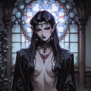 score_9, score_8_up, score_7_up, ((mature vampire (standing at doorway))), front view, ((gothic chateau interior)), ((gothic atmosphere)), long hair, ((mature)), ((vampiric)), (serious tone), (((nude))), cape, (((jewelry))), lace, ((elegant)), night, intricate details, [blush], 1990s (style), (circlet), earrings, ((cool pose)), (realistic), (((nsfw))), [pointy ears], small breasts, (dramatic colors), (((dramatic lighting))), ((moonlight)), 90s4n1m3, Expressiveh, light beams, dust, goth girl, ((100 fov)), close-up