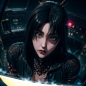 ((mature)) gothic lying ((in a ruby goth cockpit)), (lying on a baroque pilot cockpit), ((gothic control panels everywhere)), (headgear), ((mature)), ruby cockpit, ((vampiric cockpit)), iridescent pilot bodysuit, lace accesories, ((serious tone)), elegant, futuristic, vampiric, full body view from above, action pose, (fisheye), [close up], dark place, dramatic lighting, intricate control panel details, steaming, 1990s (style)