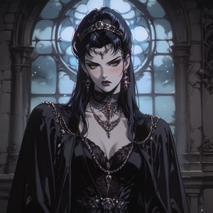 score_9, score_8_up, score_7_up, ((mature vampire (standing at doorway))), ((front view)), ((gothic chateau interior)), ((gothic atmosphere)), long hair, ((mature)), ((vampiric)), (serious tone), ((close-up)), ((nude)), cape, (((jewelry))), ((elegant)), dark place, night, intricate details, blush, 1990s (style), bats, circlet, earrings, (cool pose), realistic, (nsfw), small breasts, (dramatic colors), (((dramatic lighting))), ((moonlight)), 90s4n1m3, Expressiveh, light beams, dust, goth girl