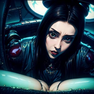 ((mature)) gothic lying ((in a ruby goth cockpit)), (lying on a baroque pilot cockpit), ((gothic control panels everywhere)), (headgear), ((mature)), ruby cockpit, ((vampiric cockpit)), iridescent pilot bodysuit, lace accesories, ((serious tone)), elegant, futuristic, vampiric, action lying pose, (fisheye), [close up], dark place, dramatic lighting, intricate control panel details, steaming, 1990s (style)