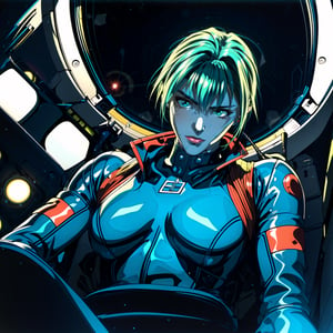 mature mech pilot (sitting in a small (cockpit)), (holding controls pose), masterpiece, view from above, ((aircraft cockpit indicators)), mature, steaming, headgear, (pilot chair), cockpit lights, technologic, futuristic, science fiction, robot, gundam, best quality, iridescent bodysuit, crop jacket, action sitting pose, serious tone, [close up], [fisheye], night, dark place, no light, [wet], perfect light, 1990s (style) 