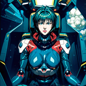 mature mech pilot (sitting in a small (cockpit)), (holding controls pose), masterpiece, view from above, ((aircraft cockpit indicators)), mature, steaming, headgear, (pilot chair), cockpit lights, technologic, futuristic, science fiction, robot, gundam, best quality, iridescent bodysuit, crop jacket, action sitting pose, serious tone, [close up], [fisheye], night, dark place, no light, [wet], perfect light, 1990s (style) 