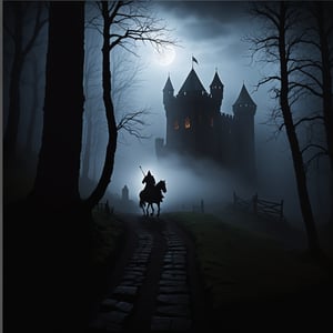 Image of a medieval, ((NO CASTLES)) loneliness and death, in the middle of a battle, in a dark and sinister place, darkness and shadows,
just fog, darkness and nothing else.
break:
medieval setting, night darkness and mystery, ALBUM COVER
