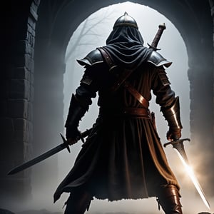 Epic and heroic image of a medieval warrior,
wielding his sword in the middle of a battle, in a dark and sinister place, carrying a sword in an attitude of defense and 
he fights, with his back to the camera looking into the shadows, in front of him the darkness and the shadows,
in the background fog, darkness and nothing else.