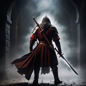 Epic and heroic image of a medieval warrior,
wielding his sword in the middle of a battle, in a dark and sinister place, carrying a sword in an attitude of defense and 
he fights, with his back to the camera looking into the shadows, in front of him the darkness and the shadows,
in the background fog, darkness and nothing else.