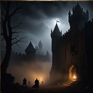 Image of a medieval, ((NO CASTLES)) loneliness and death, in the middle of a battle, in a dark and sinister place, darkness and shadows,
just fog, darkness and nothing else.
break:
medieval setting, night darkness and mystery, ALBUM COVER
