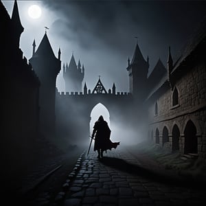 Image of a medieval environment, loneliness and death, in the middle of a battle, in a dark and sinister place, darkness and shadows,
just fog, darkness and nothing else.
break:
medieval setting, night darkness and mystery