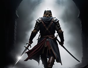 Epic and heroic image of a medieval warrior, wielding his sword in the middle of a battle, in a dark and sinister place, carrying a sword in an attitude of defense and he fights, with his back to the camera looking into the shadows, in front of him the darkness and the shadows, in the background fog, darkness and nothing else.