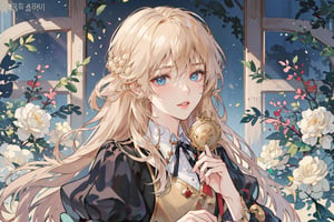 Appearance: Woman, royal noble princess, beautiful face, dark blue eyes, golden Rapunzel hair, slender figure.
Personality: witty, brave, kind, cheerful
Characteristics: Often wears European court clothing
Korean comic style