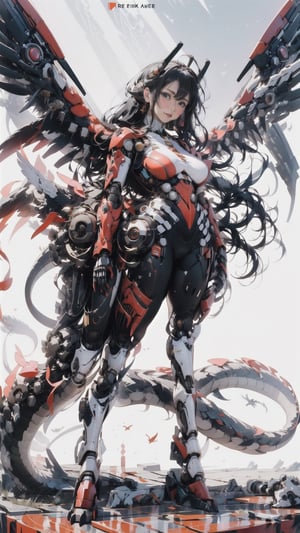((Best Quality,  8k,  Masterpiece:1.3)),  best quality,  High detailed,(realistic:1.4), 1girl,  black hair,  medium hair,  wavy hair, Extremely Realistic, ((Mecha body)),“illustration”, “full body”,  “Mecha”,  “machine”,  “Dragon ear”,  Dragon wings,  dragon tail, and “dragon horn”, dragon ear, red, golden, hanging breasts, wide hips,  narrow waist,  blush,   (gigantic breasts:1.6),  ((wearing red high heels)),