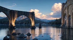 Real lighting, (realistic:0.7), (3D:0.7), (solo:1.3),(Extremely complex elaborate stone arches:1.3), (Lake background:1.3), Cloud cover, best shades