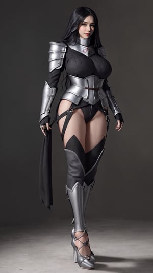 1 girl, (masterpiece:1.4, best quality), (intricate details), ultra detailed,angelisereiter, ((sexy crusader, cool metal armor,high heels, nsfw, eroticism, o-ring, skindentation,)), (female pervert), skindentation, wide hips, narrow waist, perfect face, (perfect_fingers:1.0), (perfect_legs:1.0), beautiful, (gigantic breasts:1.5), (( long black Hair)), (full body from afar, standing)), ( 3/4 view:1.2)), Shiny_skin, metal armor, angelisereiter, armor