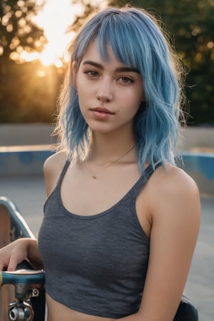 (((hyper realistic face)))(((extreme realistic skin detail))) (face with detailed shadows) (masterpiece, highest quality), (realistic, photo_realistic:1.9), ((Photoshoot)) A 21-year-old girl with blue hair and casual attire at a skatepark at dusk, holding a black skateboard, with concrete ramps and metal handrails in the background, scattered trees and soft evening light, Nikon D850 quality photo, full shot, standard lens, using natural light, sharp focus, 8k, UHD, high quality, frowning, intricate detailed, highly detailed, hyper-realistic