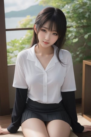 Meet the embodiment of Japanese beauty - a 22-year-old girl with a face that could make angels weep and a body that could make Aphrodite jealous. Her black socks and miniskirt add a touch of edginess to her otherwise angelic appearance, while her white shirt hints at a hidden sensuality. This full-body render is a masterpiece of detail and style.,p3rfect boobs,more saturation ,Cinematic ,Extremely Realistic