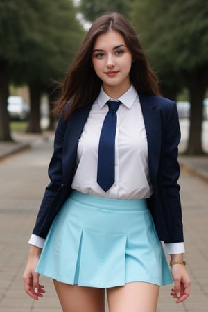 A beautiful 21 years old brunette woman, gorgeus, perfect face, beautiful body, she wearing college uniform with tie, blazer and skirt ,Realism,Makeup,Nice legs and hot body,dream_girl,Portrait,Raw photo,Photography