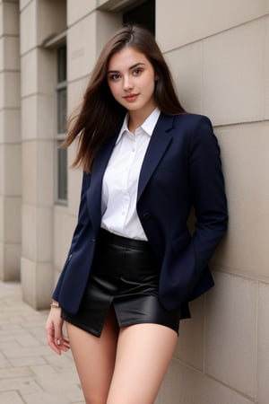 A beatiful 21 years old brunette woman, gorgeus, perfect face, beautiful body, she wearing college uniform with tie, blazer and skirt ,Realism,Makeup,Nice legs and hot body,dream_girl,Portrait