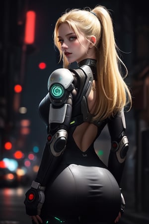 In the dark, gritty streets of a cyberpunk world, a beautiful android patrols in her tight, military uniform. Her blonde hair cascades down her back as she moves with grace and precision. The glow of her cybernetic eyes pierces through the night, a symbol of her advanced technology and strength.,realistic