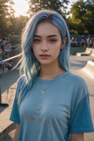 (((hyper realistic face)))(((extreme realistic skin detail))) (face with detailed shadows) (masterpiece, highest quality), (realistic, photo_realistic:1.9), ((Photoshoot)) A 21-year-old girl with blue hair and casual attire at a skatepark at dusk, holding a black skateboard, with concrete ramps and metal handrails in the background, scattered trees and soft evening light, Nikon D850 quality photo, full shot, standard lens, using natural light, sharp focus, 8k, UHD, high quality, frowning, intricate detailed, highly detailed, hyper-realistic,detailmaster2,inst4 style,beautymix,aesthetic portrait