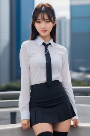 A stunning 22-year-old Japanese girl with a face that could launch a thousand ships and a body that could stop traffic. She stands tall in her black socks, her black miniskirt hugging her curves, and a crisp white shirt that accentuates her every move. Rendered in a realistic style, this full-body image captures every detail of her beauty.,photo r3al