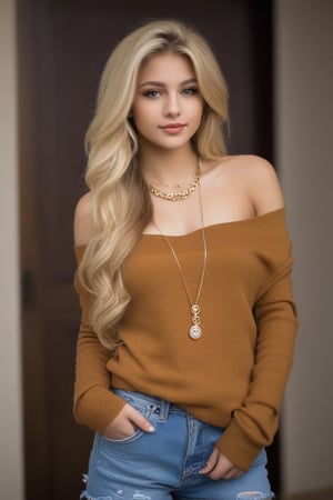1girl 20 year old, solo, long hair, small breasts, looking at viewer, blonde hair, bare shoulders, brown eyes, jewelry, full body, necklace, off shoulder, sweater, lips, realistic, nose, flirting with camera