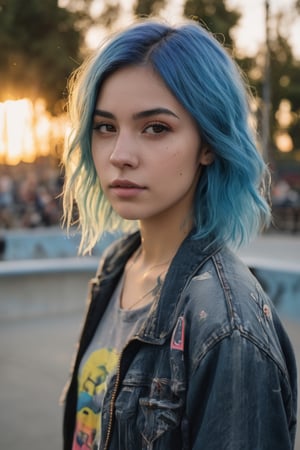 (((hyper realistic face)))(((extreme realistic skin detail))) (face with detailed shadows) (masterpiece, highest quality), (realistic, photo_realistic:1.9), ((Photoshoot)) A 21-year-old girl with blue hair and casual attire at a skatepark at dusk, holding a black skateboard, with concrete ramps and metal handrails in the background, scattered trees and soft evening light, Nikon D850 quality photo, full shot, standard lens, using natural light, sharp focus, 8k, UHD, high quality, frowning, intricate detailed, highly detailed, hyper-realistic,detailmaster2,inst4 style,beautymix