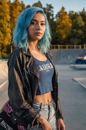 (((hyper realistic face)))(((extreme realistic skin detail))) (face with detailed shadows) (masterpiece, highest quality), (realistic, photo_realistic:1.9), ((Photoshoot)) A 21-year-old girl with blue hair and casual attire at a skatepark at dusk, holding a black skateboard, with concrete ramps and metal handrails in the background, scattered trees and soft evening light, Nikon D850 quality photo, full shot, standard lens, using natural light, sharp focus, 8k, UHD, high quality, frowning, intricate detailed, highly detailed, hyper-realistic