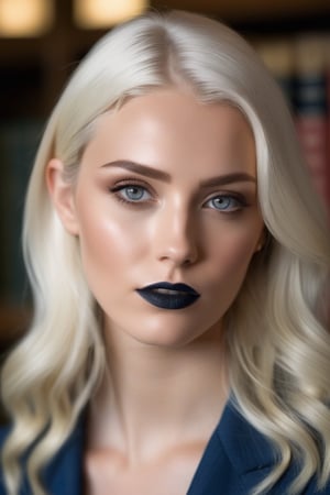 (((hyper realistic face)))(((extreme realistic skin detail))) (face with detailed shadows) (masterpiece, highest quality), (realistic, photo_realistic:1.9), ((Photoshoot)) An incredibly beautiful 22-year-old woman, very lovely, with blue eyes, long white hair, subtle makeup, black eyeliner, and black lipstick. She is positioned in an antique library. The chosen perspective is a Wide Shot (WS), capturing the entire library. The camera used is a Canon EOS 5D Mark IV. The selected film is Fujifilm Superia X-Tra 400, providing vivid colors and good performance in various lighting conditions. The lens used is a Sigma 35mm f/1.4 DG HSM Art, offering a wide aperture for capturing details with a beautiful bokeh. The preferred lighting is soft natural light from the library, creating gentle shadows and enhancing details. sharp focus, 8k, UHD, high quality, frowning, intricate detailed, highly detailed, hyper-realistic.
,photo r3al