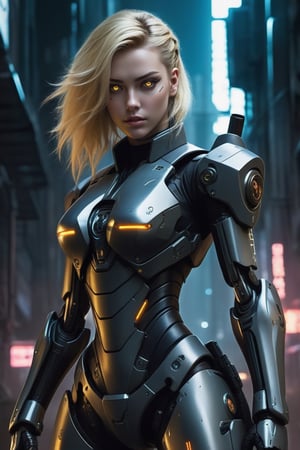 In the dark, gritty streets of a cyberpunk world, a beautiful android patrols in her tight, military uniform. Her blonde hair cascades down her back as she moves with grace and precision. The glow of her cybernetic eyes pierces through the night, a symbol of her advanced technology and strength.,MECHA GIRL,more detail XL, ,cyberpunk style,realistic,More Detail,Sexy Pose,Mecha body,photo r3al