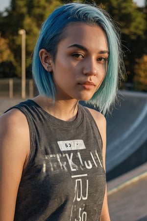 (((hyper realistic face)))(((extreme realistic skin detail))) (face with detailed shadows) (masterpiece, highest quality), (realistic, photo_realistic:1.9), ((Photoshoot)) A 21-year-old girl with blue hair and casual attire at a skatepark at dusk, holding a black skateboard, with concrete ramps and metal handrails in the background, scattered trees and soft evening light, Nikon D850 quality photo, full shot, standard lens, using natural light, sharp focus, 8k, UHD, high quality, frowning, intricate detailed, highly detailed, hyper-realistic,detailmaster2