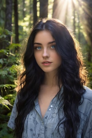 A 20 year old girl with wavy long black hair, big blue eyes, and a perfect ovale face, rendered in a photorealistic style with sharp edges and a vibrant atmosphere, standing in a lush forest with a loose shirt and a bright sunbeam.