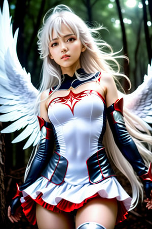 As the moon rises over the dark forest, a striking angel with flowing white hair and shimmering silver wings emerges. Her tight red miniskirt and armor chest are a stark contrast to her delicate features, but her fierce determination is evident in her piercing gaze., ,more detail XL,photo r3al,#Anime