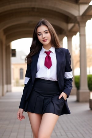 A beatiful brunette woman, gorgeus, perfect face, beautiful body, she wearing college uniform with tie, blazer and skirt ,Realism,Makeup,Nice legs and hot body,dream_girl,Portrait