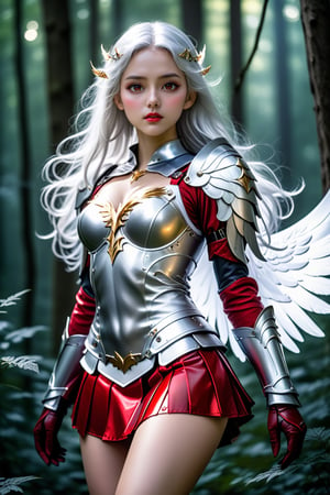 As the moon rises over the dark forest, a striking angel with flowing white hair and shimmering silver wings emerges. Her tight red miniskirt and armor chest are a stark contrast to her delicate features, but her fierce determination is evident in her piercing gaze., ,more detail XL,photo r3al