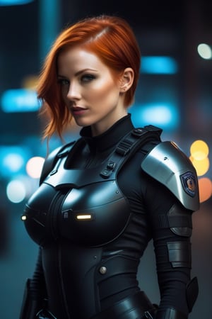 a ultra realistic sexy redhead woman in a sexy, tight, short, slim fit police armour, cyberpunk ambient,p3rfect boobs,cinematic  moviemaker style,photo r3al,aesthetic portrait,cleavage,r4w photo