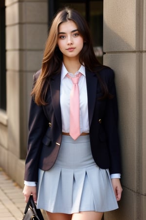 A beatiful 21 years old brunette woman, gorgeus, perfect face, beautiful body, she wearing college uniform with tie, blazer and skirt ,Realism,Makeup