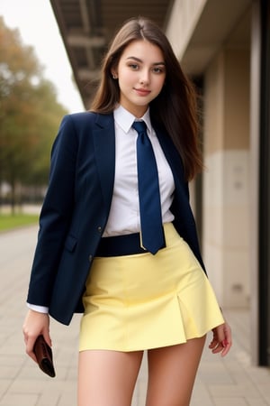 A beatiful 21 years old brunette woman, gorgeus, perfect face, beautiful body, she wearing college uniform with tie, blazer and skirt ,Realism,Makeup,Nice legs and hot body,dream_girl,Portrait