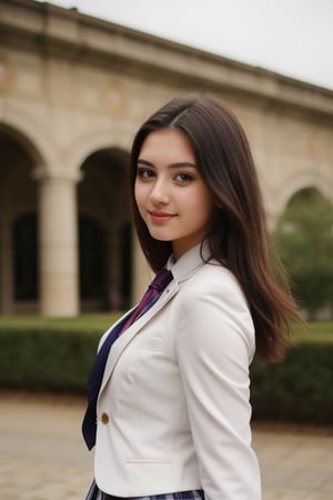 A beatiful 21 years old brunette woman, gorgeus, perfect face, beautiful body, she wearing college uniform with tie, blazer and skirt ,Realism