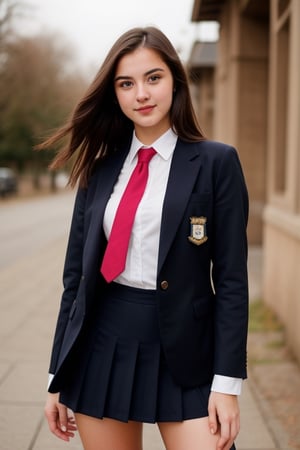 A beatiful 21 years old brunette woman, gorgeus, perfect face, beautiful body, she wearing college uniform with tie, blazer and skirt ,Realism